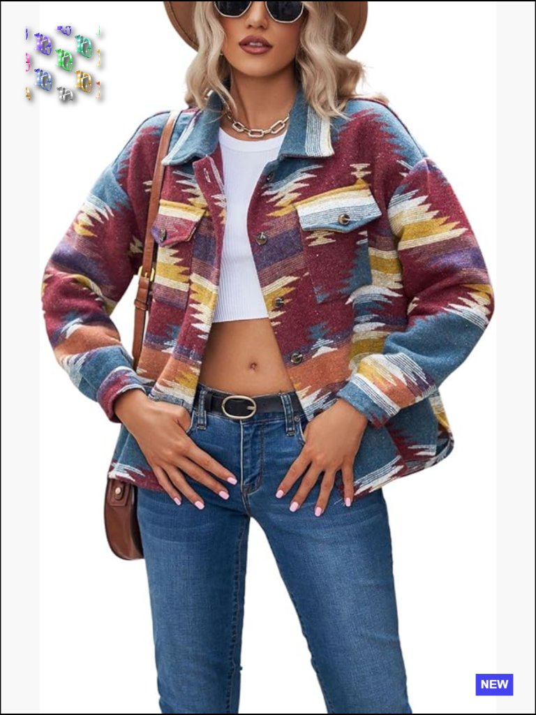 Vintage Ethnic Aztec Long Sleeve Button Up Woolen Shacket Western Jacket